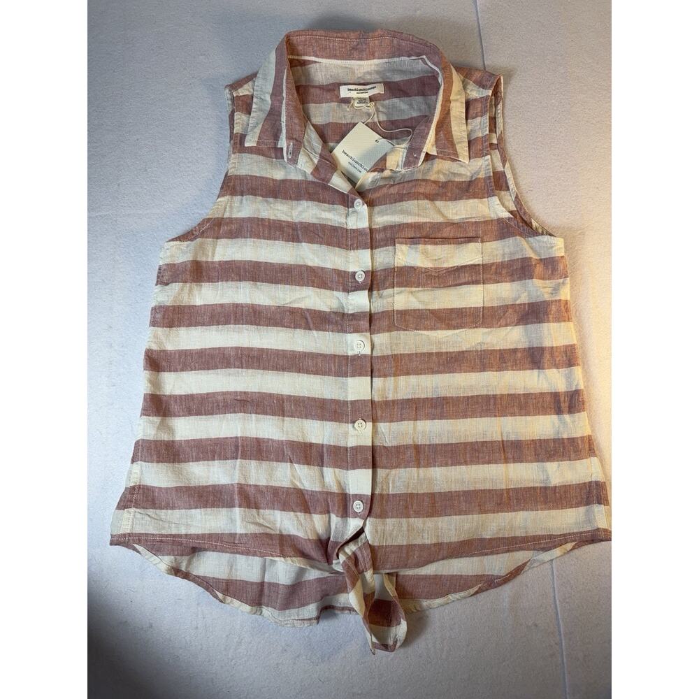 NWT BeachLunchLounge Linen Blend Tank Top M Pink Stripe Button Tie‎ Front